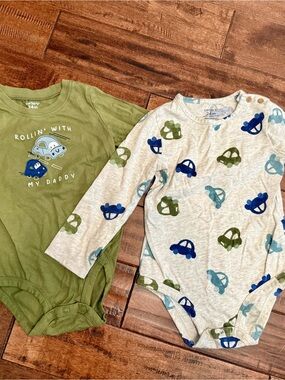 Carter's Olive Green & Light Gray Car Print Long-Sleeve Bodysuits